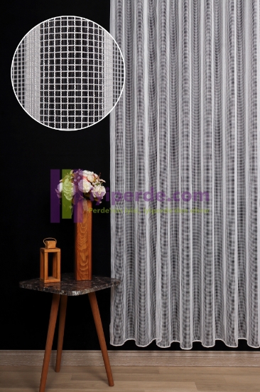 Modern Kare  Doku Zarif Tül Perde - Ekru Renk resmi